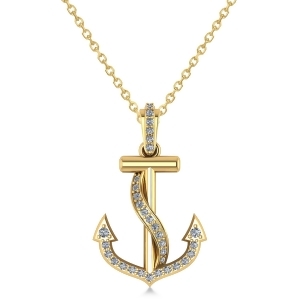 Diamond Ribbon Anchor Pendant Necklace 14K Yellow Gold 0.35ct - All