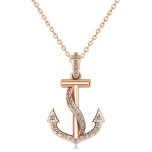 Diamond Ribbon Anchor Pendant Necklace 14K Rose Gold 0.35ct - All
