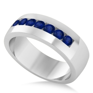Men's Blue Sapphire Channel Set Wedding Band 14k White Gold 0.49ct - All