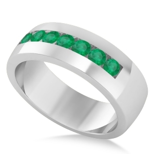 Men's Emerald Channel Set Wedding Band 14k White Gold 0.49ct - All