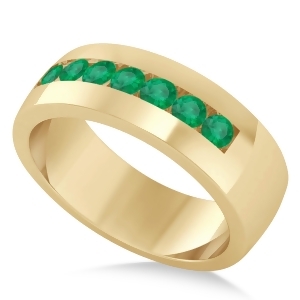 Men's Emerald Channel Set Wedding Band 14k Yellow Gold 0.49ct - All