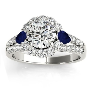 Diamond Halo w/ Blue Sapphire Pear Ring 14k White Gold 0.91ct - All