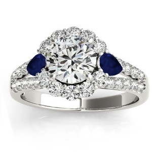 Diamond Halo w/ Blue Sapphire Pear Ring 18k White Gold 0.91ct - All