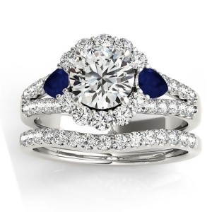 Diamond Halo w/ Blue Sapphire Pear Bridal Set Palladium 1.17ct - All