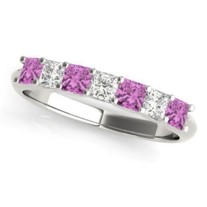 Diamond and Pink Sapphire Princess Wedding Band Ring 14k White Gold 0.70ct - All