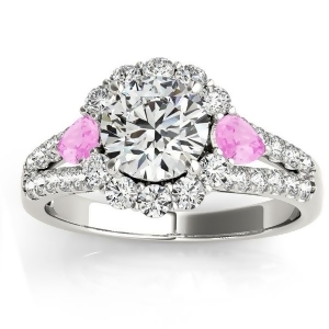 Diamond Halo w/ Pink Sapphire Pear Ring 14k White Gold 0.91ct - All