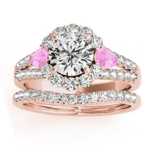 Diamond Halo w/ Pink Sapphire Pear Bridal Set 14k Rose Gold 1.17ct - All