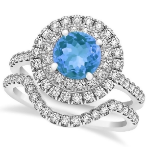 Double Halo Round Blue Topaz Ring and Band Bridal Set 14k White Gold 1.59ct - All