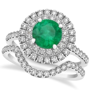 Double Halo Round Emerald Ring and Band Bridal Set 14k White Gold 1.59ct - All