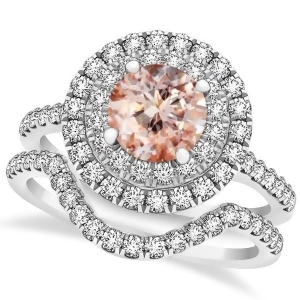 Double Halo Morganite Ring and Band Bridal Set 14k White Gold 1.59ct - All