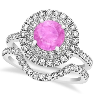 Double Halo Pink Sapphire Ring and Band Bridal Set 14k White Gold 1.59ct - All