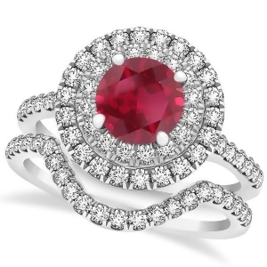 Double Halo Round Ruby Ring and Band Bridal Set 14k White Gold 1.59ct - All