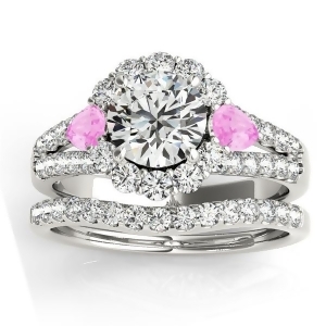 Diamond Halo w/ Pink Sapphire Pear Bridal Set Palladium 1.17ct - All