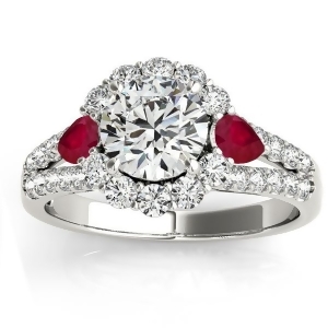 Diamond Halo w/ Ruby Pear Ring 14k White Gold 0.91ct - All