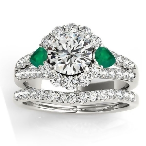 Diamond Halo w/ Emerald Pear Bridal Set 14k White Gold 1.17ct - All