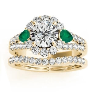 Diamond Halo w/ Emerald Pear Bridal Set 14k Yellow Gold 1.17ct - All