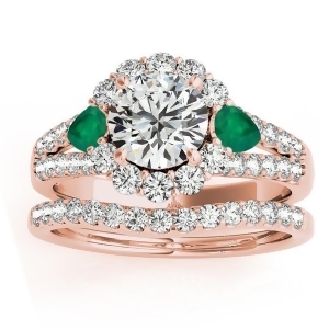 Diamond Halo w/ Emerald Pear Bridal Set 18k Rose Gold 1.17ct - All