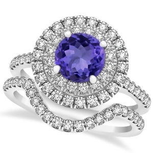 Double Halo Tanzanite Ring and Band Bridal Set 14k White Gold 1.59ct - All