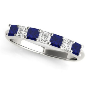 Diamond and Blue Sapphire Princess Wedding Band Ring 14k White Gold 0.70ct - All