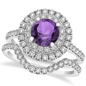 Double Halo Amethyst Ring and Band Bridal Set 14k White Gold 1.59ct - All