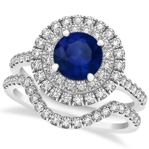 Double Halo Blue Sapphire Ring and Band Bridal Set 14k White Gold 1.59ct - All