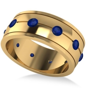 Men's Blue Sapphire Ring Eternity Wedding Band 14k Yellow Gold 1.00ct - All