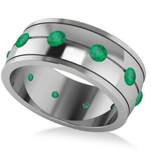 Men's Emerald Ring Eternity Wedding Band 14k White Gold 1.00ct - All