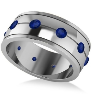 Men's Blue Sapphire Ring Eternity Wedding Band 14k White Gold 1.00ct - All