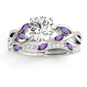 Marquise Amethyst and Diamond Bridal Set Setting 18k White Gold 0.43ct - All
