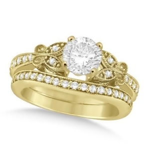 Round Diamond Butterfly Design Bridal Ring Set 18k Yellow Gold 0.76ct - All