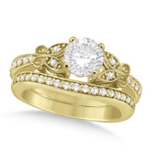Round Diamond Butterfly Design Bridal Ring Set 18k Yellow Gold 1.21ct - All