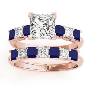 Princess cut Diamond and Blue Sapphire Bridal Set 14k Rose Gold 1.30ct - All