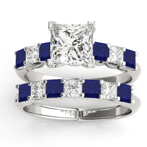 Princess cut Diamond and Blue Sapphire Bridal Set Palladium 1.30ct - All