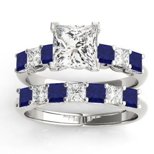 Princess cut Diamond and Blue Sapphire Bridal Set Platinum 1.30ct - All