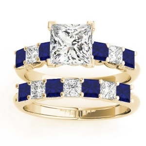 Princess cut Diamond and Blue Sapphire Bridal Set 14k Yellow Gold 1.30ct - All