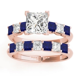 Princess cut Diamond and Blue Sapphire Bridal Set 18k Rose Gold 1.30ct - All
