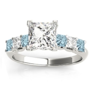 Princess Diamond and Aquamarine Engagement Ring 18k White Gold 0.60ct - All