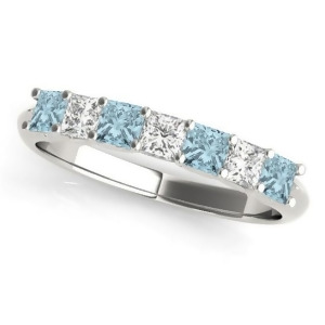 Diamond and Aquamarine Princess Wedding Band Ring 18k White Gold 0.70ct - All