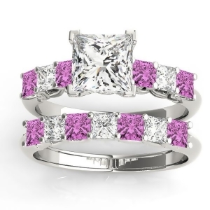 Princess cut Diamond and Pink Sapphire Bridal Set 14k White Gold 1.30ct - All