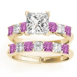 Princess cut Diamond and Pink Sapphire Bridal Set 14k Yellow Gold 1.30ct - All