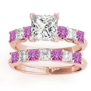 Princess cut Diamond and Pink Sapphire Bridal Set 14k Rose Gold 1.30ct - All