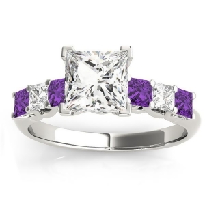 Princess Diamond and Amethyst Engagement Ring 18k White Gold 0.60ct - All