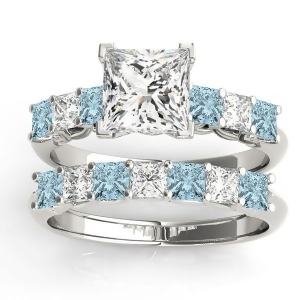 Princess cut Diamond and Aquamarine Bridal Set 14k White Gold 1.30ct - All