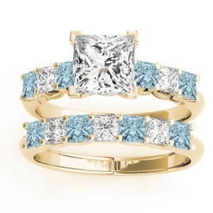 Princess cut Diamond and Aquamarine Bridal Set 14k Yellow Gold 1.30ct - All