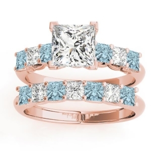 Princess cut Diamond and Aquamarine Bridal Set 14k Rose Gold 1.30ct - All