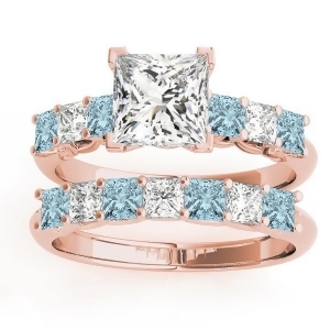 Princess cut Diamond and Aquamarine Bridal Set 18k Rose Gold 1.30ct - All