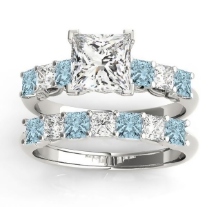 Princess cut Diamond and Aquamarine Bridal Set Platinum 1.30ct - All