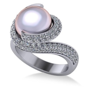 Pearl and Diamond Swirl Engagement Ring 14k White Gold 10mm 0.96ct - All