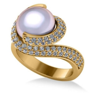 Pearl and Diamond Swirl Engagement Ring 14k Yellow Gold 10mm 0.96ct - All