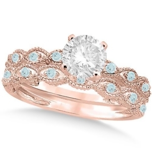 Vintage Diamond and Aquamarine Bridal Set 14k Rose Gold 1.70ct - All